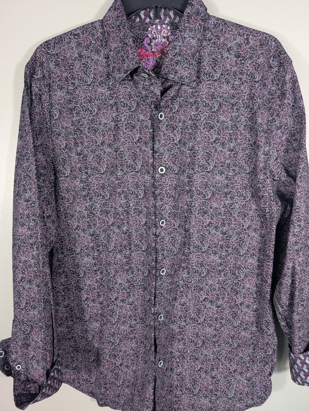Robert Graham Purple/Black Button Down Stretch Shirt W/ Flip Cuff. Sz. L